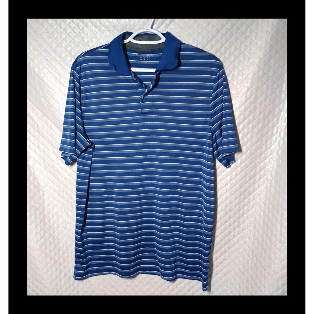 Men M Cool & Dry Classic Striped Polo Golf Shirt Blue White S/S Moisture Control